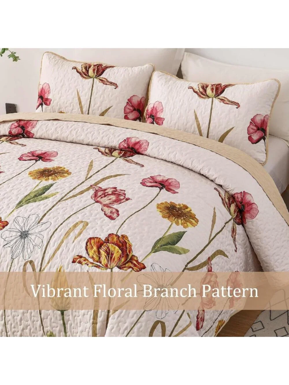 Floral Quilt Set Queen Size - 3 Piece Beige Bedspread for Cozy Bedroom Decor